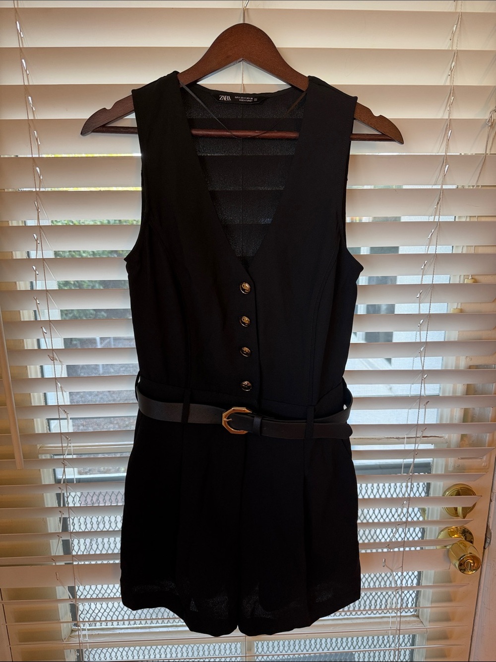 Zara Black Sleeveless V-Neck Romper with Belt